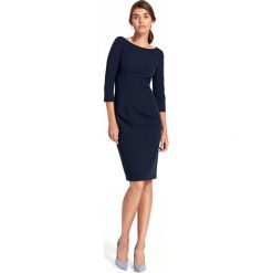 Granatowa Dopasowana Sukienka z Wycięciem na Plecach. Niebieskie sukienki damskie Molly.pl, s, bez wzorów, eleganckie, z dekoltem na plecach, z krótkim rękawem, krótkie, midi, dopasowane. Za 179,90 zł.