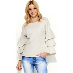 Beżowa Bluza z Falbankami na Rękawach. Brązowe bluzki damskie Molly.pl, uniwersalny, bez wzorów, z dzianiny, z długim rękawem, długie, bez kaptura. Za 110,90 zł.