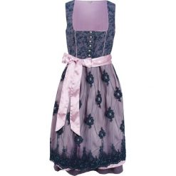 Sukienka w ludowym stylu z dekoltem w serce bonprix jagodowy wzorzysty. Niebieskie sukienki damskie bonprix, z nadrukiem, z koronki, eleganckie, bez kołnierzyka, bez rękawów. Za 349,99 zł.