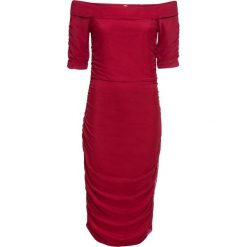 Sukienka z dekoltem "carmen" bonprix ciemnoczerwony. Czerwone sukienki damskie bonprix, bez wzorów, bez kołnierzyka, bez rękawów, dopasowane. Za 89,99 zł.