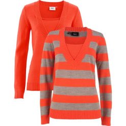 Swetry klasyczne damskie: Sweter (2 szt. w opak.) bonprix czerwona pomarańcza w paski + czerwona pomarańcza