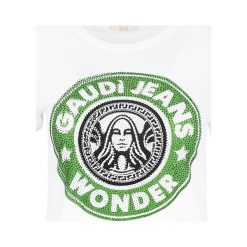 T-shirt Gaudi Jeans. Białe koszulki damskie Gaudi, na co dzień, bez wzorów, z jeansu, z włoskim kołnierzykiem, bez rękawów. Za 119,00 zł.