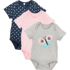 Body niemowlęce z krótkim rękawem (3 szt.) bonprix różowy kwarcowy + ciemnoniebieski. Różowe body niemowlęce bonprix, z aplikacjami, z bawełny, z krótkim rękawem. Za 53,97 zł.