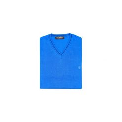 Niebieski sweter męski SLIM w szpic SW30. Niebieskie swetry męskie Lanieri Fashion - swetry męskie, m, bez wzorów, z bawełny, casualowe, z dekoltem w serek, bez kaptura. Za 117,00 zł.