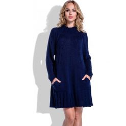 Swetrowa Granatowa Sukienka Oversize z Kieszeniami. Niebieskie sukienki damskie Molly.pl, na co dzień, na jesień, uniwersalny, bez wzorów, bez kołnierzyka, bez rękawów, długie, oversize. Za 130,00 zł.