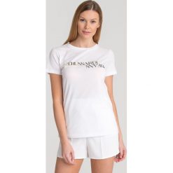 T-SHIRT TRUSSARDI JEANS. Białe t-shirty damskie Trussardi Jeans, xl, z nadrukiem, z bawełny, z okrągłym kołnierzem. Za 94,50 zł.