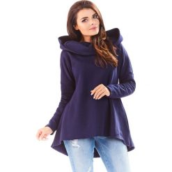 Granatowa Bluza Asymetryczna z Kapturem. Niebieskie bluzki damskie marki Molly.pl, s, bez wzorów, z bawełny, z krótkim rękawem, długie, z kapturem. Za 129,90 zł.