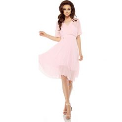 Różowa Elegancka Kopertowa Sukienka z Plisowanym Dołem. Różowe sukienki damskie Molly.pl, na imprezę, s, bez wzorów, eleganckie, bez kołnierzyka, bez rękawów, plisowane. Za 189,90 zł.