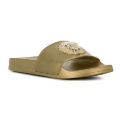 Klapki w kolorze złotym. Żółte klapki damskie Michael Kors, Guess, bez wzorów, bez obcasa, na platformie. W wyprzedaży za 299,95 zł.