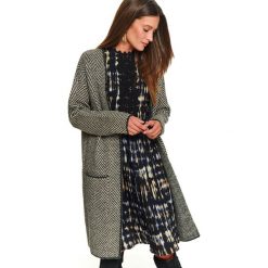Gruby kardigan w jodełkę. Szare swetry damskie Top Secret, na zimę, bez wzorów, z dzianiny, eleganckie, bez rękawów, bez kaptura. W wyprzedaży za 84,99 zł.