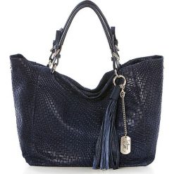 Shopper bag damskie: Skórzany shopper bag w kolorze granatowym - 42 x 30 x 20 cm