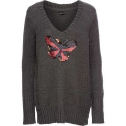 Sweter z cekinami bonprix antracytowy melanż. Szare swetry klasyczne damskie bonprix, z dekoltem w serek. Za 49,99 zł.