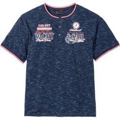 Shirt z dekoltem henley i efektownymi zdobieniami bonprix ciemnoniebieski melanż. Niebieskie koszulki męskie bonprix, s, z aplikacjami, bez kołnierzyka, bez rękawów. Za 54,99 zł.