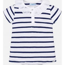 Mayoral - Top dziecięcy 104-134 cm. Niebieskie bluzki dziewczęce Mayoral, z aplikacjami, z bawełny, bez kołnierzyka, z krótkim rękawem, krótkie, bez kaptura. W wyprzedaży za 59,90 zł.