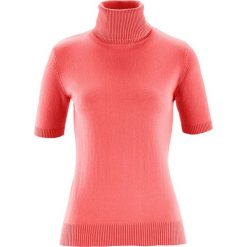 Sweter z golfem, z domieszką jedwabiu Premium bonprix koralowy. Czerwone swetry damskie bonprix, bez wzorów, klasyczne, bez rękawów, bez kaptura. Za 84,99 zł.