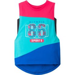 Top sportowy (2 części) bonprix różowo-niebieski. Różowe topy damskie marki bonprix, z nadrukiem, z kontrastowym kołnierzykiem. Za 39,98 zł.