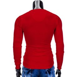 SWETER MĘSKI E74 - CZERWONY. Czerwone swetry klasyczne męskie marki Ombre Clothing, s, z bawełny, klasyczne, z dekoltem w serek. Za 49,00 zł.