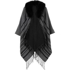 Poncho ze sztucznym futerkiem bonprix szaro-czarny. Szare żakiety damskie bonprix, w paski. Za 89,99 zł.