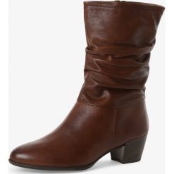 Tamaris - Kozaki damskie, beżowy. Brązowe kozaki damskie Tamaris, ze skóry, na wysokim obcasie, bez zapięcia. Za 439,95 zł.