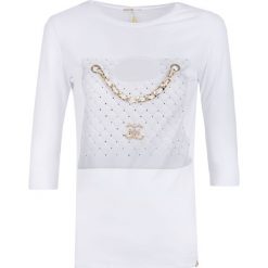 T-shirt EAN13 42463 SL GOLD BAG. Białe bluzki damskie Ean13, bez wzorów, z elastanu, bez kołnierzyka, bez rękawów. W wyprzedaży za 384,00 zł.