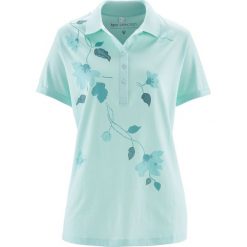 Shirt polo bonprix pastelowy miętowy - niebieski mineralny z nadrukiem. Zielone koszulki damskie bonprix, z nadrukiem, klasyczne, polo, bez rękawów. Za 54,99 zł.