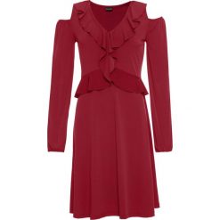 Sukienka z falbanami: must have bonprix ciemnoczerwony. Czerwone sukienki damskie bonprix, bez wzorów, z dekoltem w serek, bez rękawów, długie. Za 49,99 zł.
