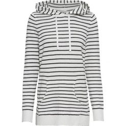 Sweter z kapturem bonprix biel wełny - czarny w paski. Białe swetry damskie bonprix, w paski, z wełny, bez rękawów, z kapturem. Za 69,99 zł.