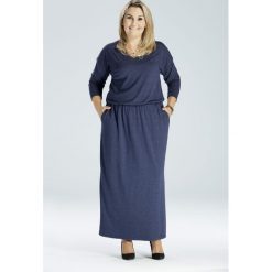 Granatowa sukienka maxi długa z kieszeniami, rozporkiem i rękawkiem PLUS SIZE. Szare sukienki damskie Moda Size Plus Iwanek, na co dzień, na jesień, xl, w paski, eleganckie, bez kołnierzyka, plus size, z długim rękawem, długie, maxi, proste. Za 139,00 zł.