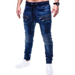 SPODNIE MĘSKIE JEANSOWE JOGGERY P405 - GRANATOWE. Niebieskie joggery męskie marki Ombre Clothing, s, z bawełny. Za 99,00 zł.