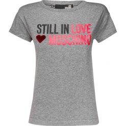 T-shirt LOVE MOSCHINO Szary. Szare t-shirty damskie marki Love Moschino, z nadrukiem, z dzianiny, z okrągłym kołnierzem. Za 336,00 zł.
