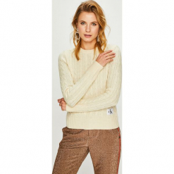 Calvin Klein Jeans - Sweter. Białe swetry damskie Calvin Klein Jeans, s, bez wzorów, z wełny, z krótkim rękawem, krótkie, bez kaptura. W wyprzedaży za 349,90 zł.