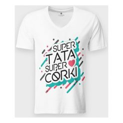 Koszulka męska v-neck Super tata super córki. Koszulki męskie MegaKoszulki, m, bez wzorów, z bawełny, klasyczne, bez kołnierzyka, bez rękawów. Za 54,90 zł.