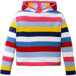 Sweter dzianinowy w paski bonprix w kolorowe paski. Szare swetry dziewczęce bonprix, w paski, z dzianiny, z kapturem, bez rękawów, z kapturem. Za 27,99 zł.
