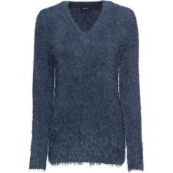 Sweter z dzianiny z długim włosem bonprix indygo. Niebieskie swetry klasyczne damskie bonprix, z dzianiny, z okrągłym kołnierzem. Za 89,99 zł.