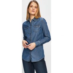 Trussardi Jeans - Koszula. Niebieskie bluzki damskie Trussardi Jeans, bez wzorów, z bawełny, z włoskim kołnierzykiem, z długim rękawem. Za 429,90 zł.