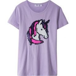 T-shirt z odwracanymi cekinami bonprix kolor bzu. Fioletowe bluzki dziewczęce bonprix, z aplikacjami, z okrągłym kołnierzem, bez rękawów, bez kaptura. Za 34,99 zł.