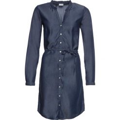 Sukienka szmizjerka dżinsowa bonprix ciemnoniebieski "stone". Niebieskie sukienki damskie bonprix, bez wzorów, eleganckie, bez kołnierzyka, bez rękawów, plisowane. Za 149,99 zł.