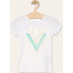 Guess Jeans - T-shirt dziecięcy 118-175 cm. Zielone bluzki dziewczęce Guess Jeans, z nadrukiem, z elastanu, z okrągłym kołnierzem, z krótkim rękawem, krótkie, bez kaptura. W wyprzedaży za 69,90 zł.