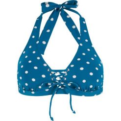 Biustonosz bikini z ramiączkami wiązanymi na szyi, szybko schnący bonprix niebieskozielono-biały w kropki. Niebieskie stroje kąpielowe damskie bonprix, bez wzorów. Za 27,99 zł.
