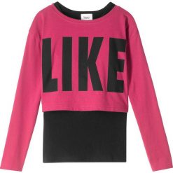 Shirt "boxy" z długim rękawem i topem (2 części) bonprix jeżynowo-czarny. Czarne bluzki dziewczęce marki bonprix, z nadrukiem, bez kołnierzyka, z długim rękawem, długie, bez kaptura. Za 44,99 zł.