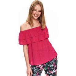 Bluzka z falbanką. Różowe bluzki damskie Top Secret, z haftami, eleganckie, z falbankami, bez rękawów. W wyprzedaży za 24,99 zł.
