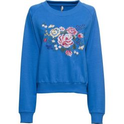 Bluza oversize z kapturem i kwiatowym haftem bonprix niebieski. Niebieskie bluzy damskie bonprix, z haftami, bez rękawów, z kapturem. Za 59,99 zł.