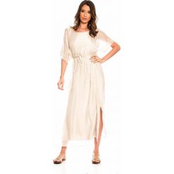 Jedwabna sukienka w kolorze beżowym. Brązowe sukienki damskie Silk Premium, na co dzień, s, bez wzorów, z jedwabiu, z okrągłym kołnierzem, bez rękawów, maxi, proste. W wyprzedaży za 214,95 zł.