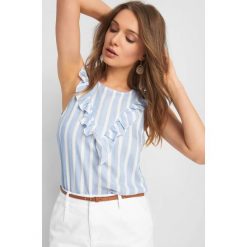 Bluzka w pasy. Niebieskie bluzki damskie Orsay, w paski, z wiskozy, eleganckie, bez kołnierzyka, bez rękawów. Za 79,99 zł.