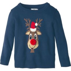 Bożonarodzeniowy sweter dzianinowy bonprix ciemnoniebieski. Niebieskie swetry chłopięce marki bonprix, m, z dzianiny, z okrągłym kołnierzem. Za 59,99 zł.