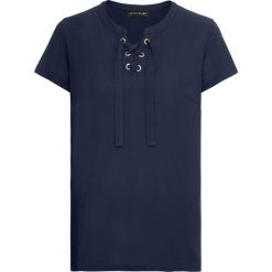 Shirt z różnych materiałów bonprix ciemnoniebieski. Niebieskie koszulki damskie bonprix, na co dzień, bez wzorów, z materiału, bez kołnierzyka, bez rękawów. Za 59,99 zł.