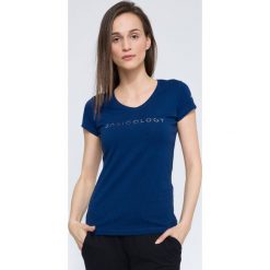 T-shirt damski TSD259 - granatowy. Niebieskie t-shirty damskie marki 4f, z nadrukiem, z bawełny, bez kołnierzyka. Za 34,99 zł.