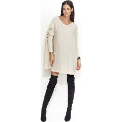 Beżowy Oversizowy Sweter z Kieszeniami. Brązowe swetry damskie Molly.pl, uniwersalny, bez wzorów, z jeansu, z długim rękawem, długie, bez kaptura. Za 99,90 zł.