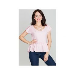 Bluzka K396 Róż. Różowe bluzki damskie Lenitif, xl, w paski, z tkaniny, z falbankami, bez rękawów. Za 119,00 zł.