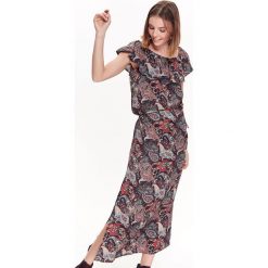 SUKIENKA DAMSKA Z NADRUKIEM. Szare sukienki damskie Top Secret, na lato, z nadrukiem, z tkaniny, eleganckie, bez kołnierzyka, z długim rękawem, długie, maxi. W wyprzedaży za 129,99 zł.